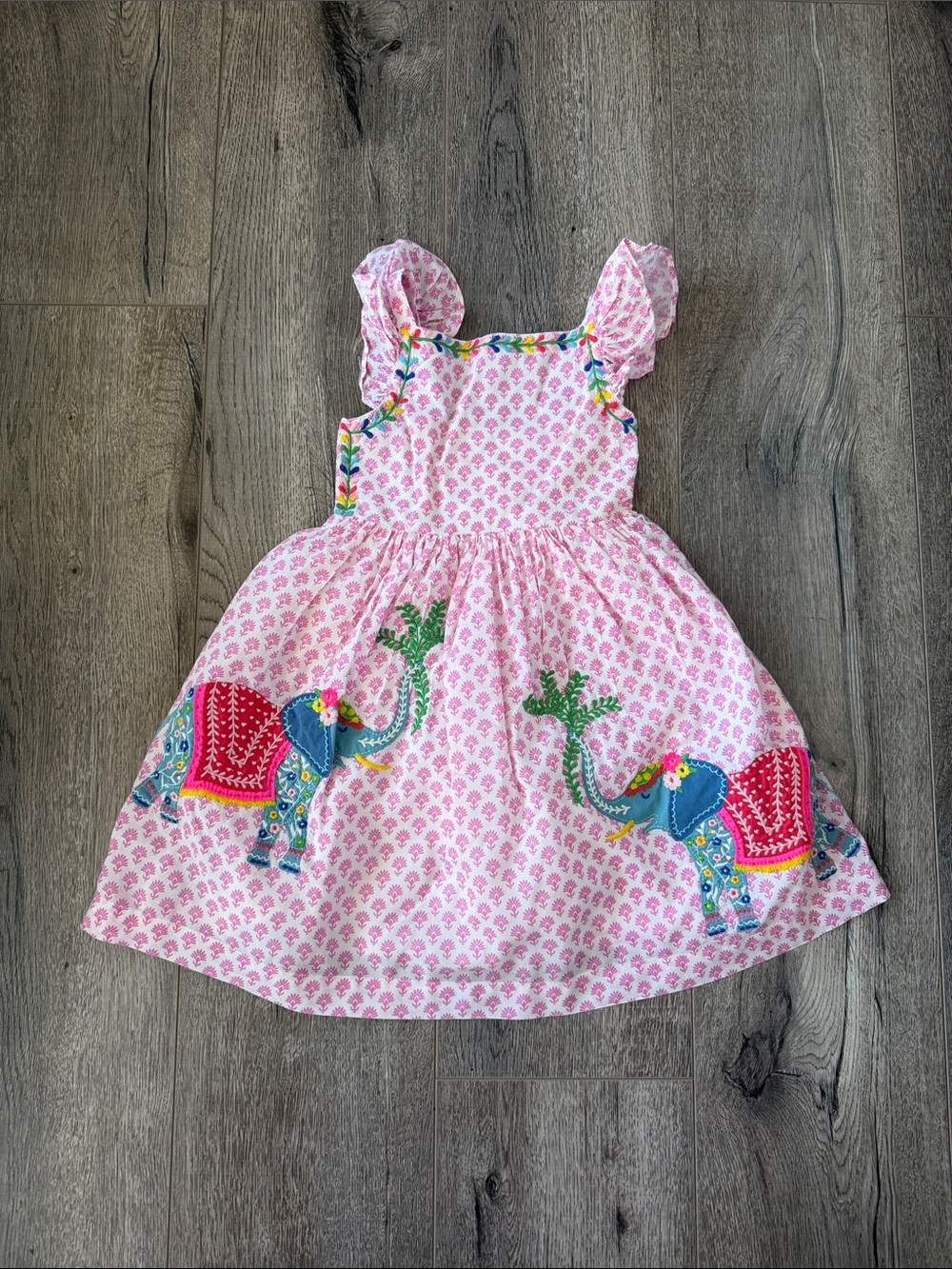 Mini Boden Pink Cotton Sundress with Embroidered Blue Elephants